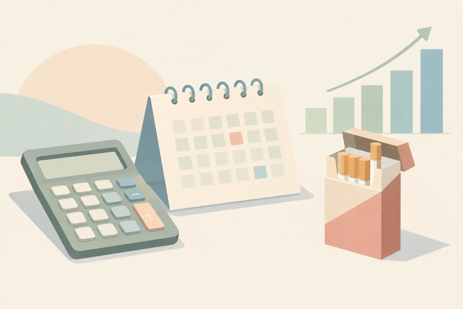 Illustration of a calculator, calendar and cigarette pack representing a pack-year calculation