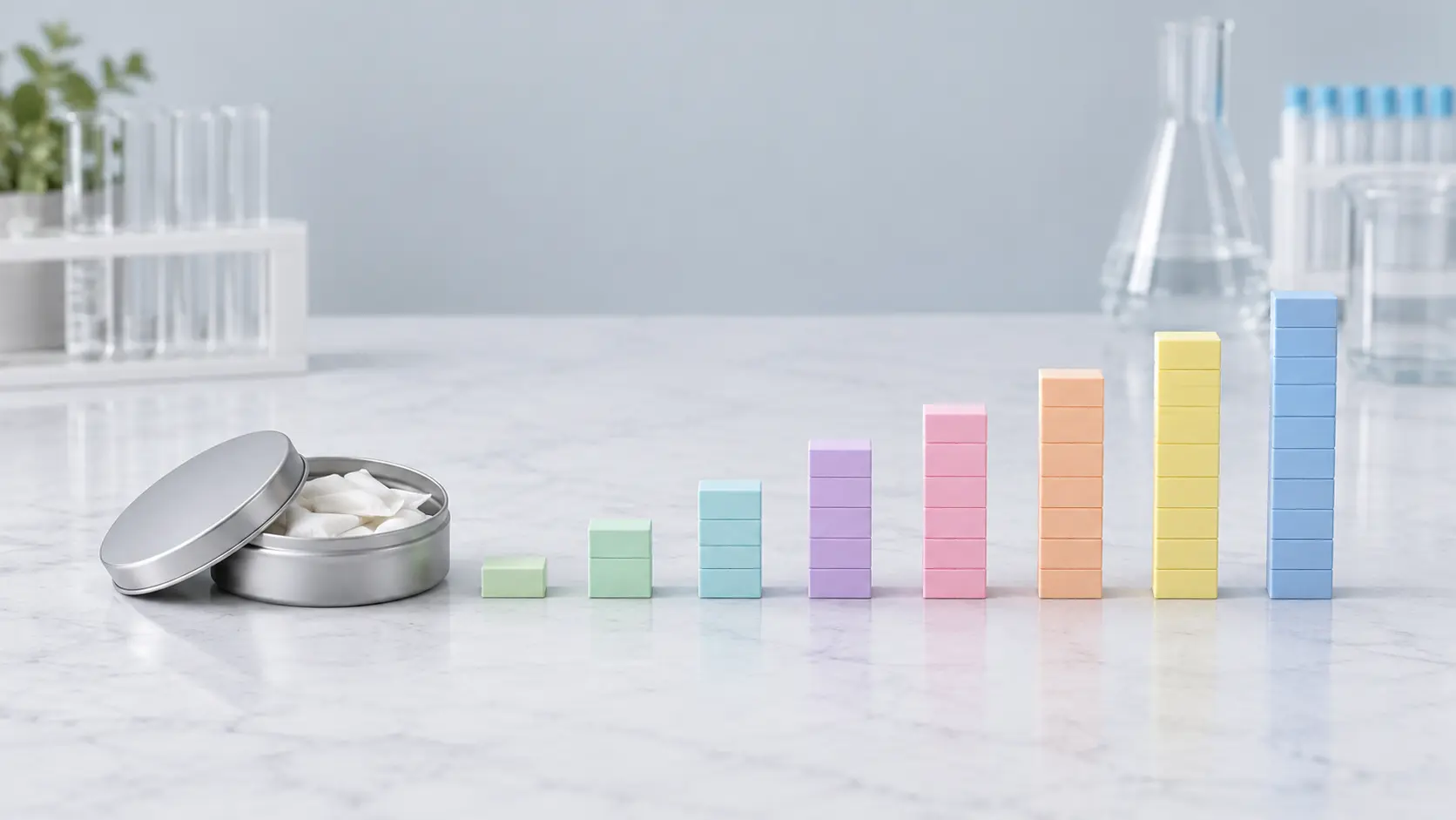 Illustration of small stacked bars of different heights beside a tin representing nicotine content in snuff