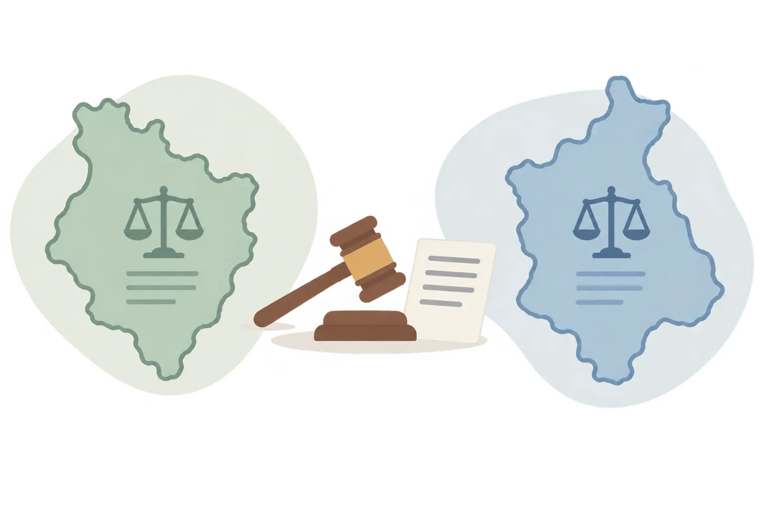Illustration of a gavel and legal document between two regional outlines representing differing rules for snus and nicotine pouches
