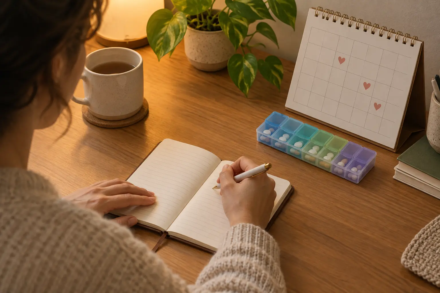 Illustration of a person writing in a journal beside a pill organizer and a calendar