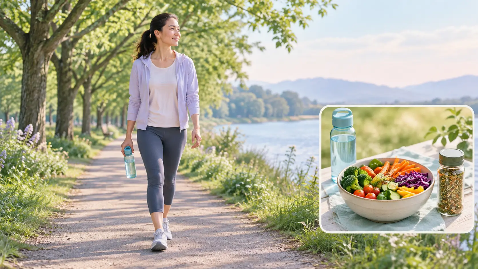 Illustration of a person on a relaxed walk beside a small panel showing vegetables and herbs
