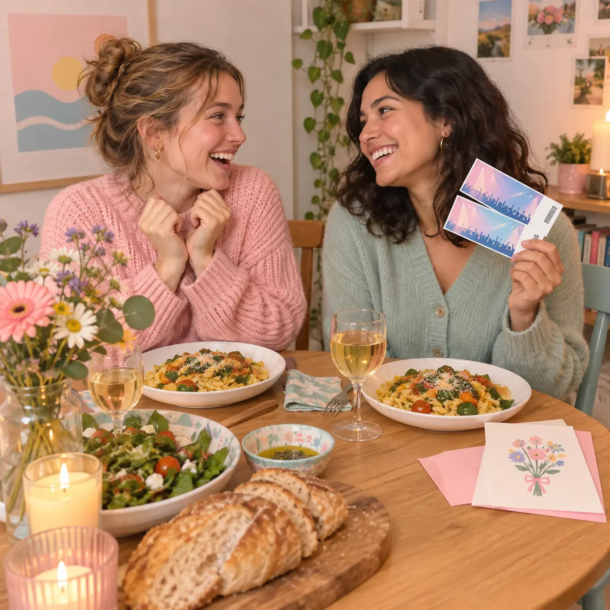 Illustration of two friends at a dinner table with concert tickets and a card, celebrating a smoke-free milestone