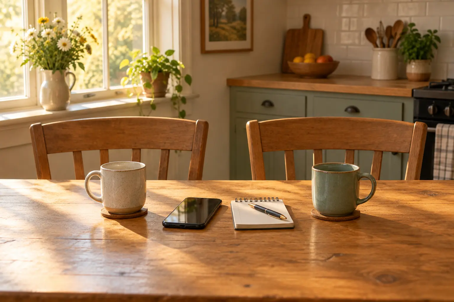 Illustration of two chairs side by side at a kitchen table with mugs and a phone, representing a calm supportive conversation about quitting smoking