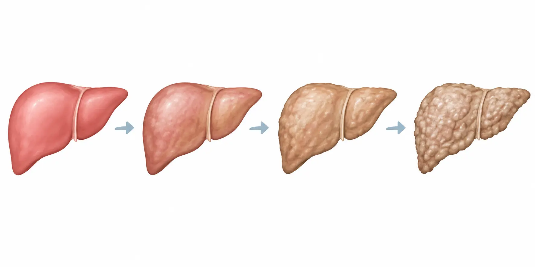 Illustration of a liver shown in stages from healthy to scarred, representing fatty liver and fibrosis