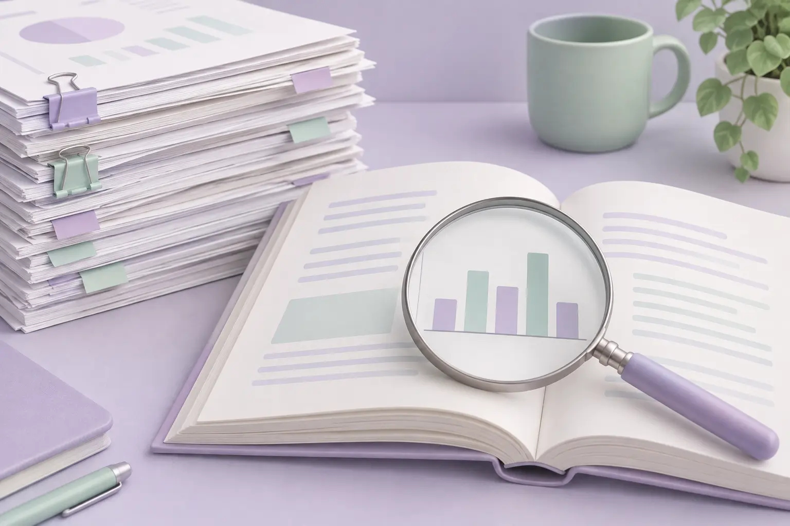 Research papers, a magnifying glass and an uneven bar chart illustrating mixed trial evidence on hypnotherapy for smoking cessation