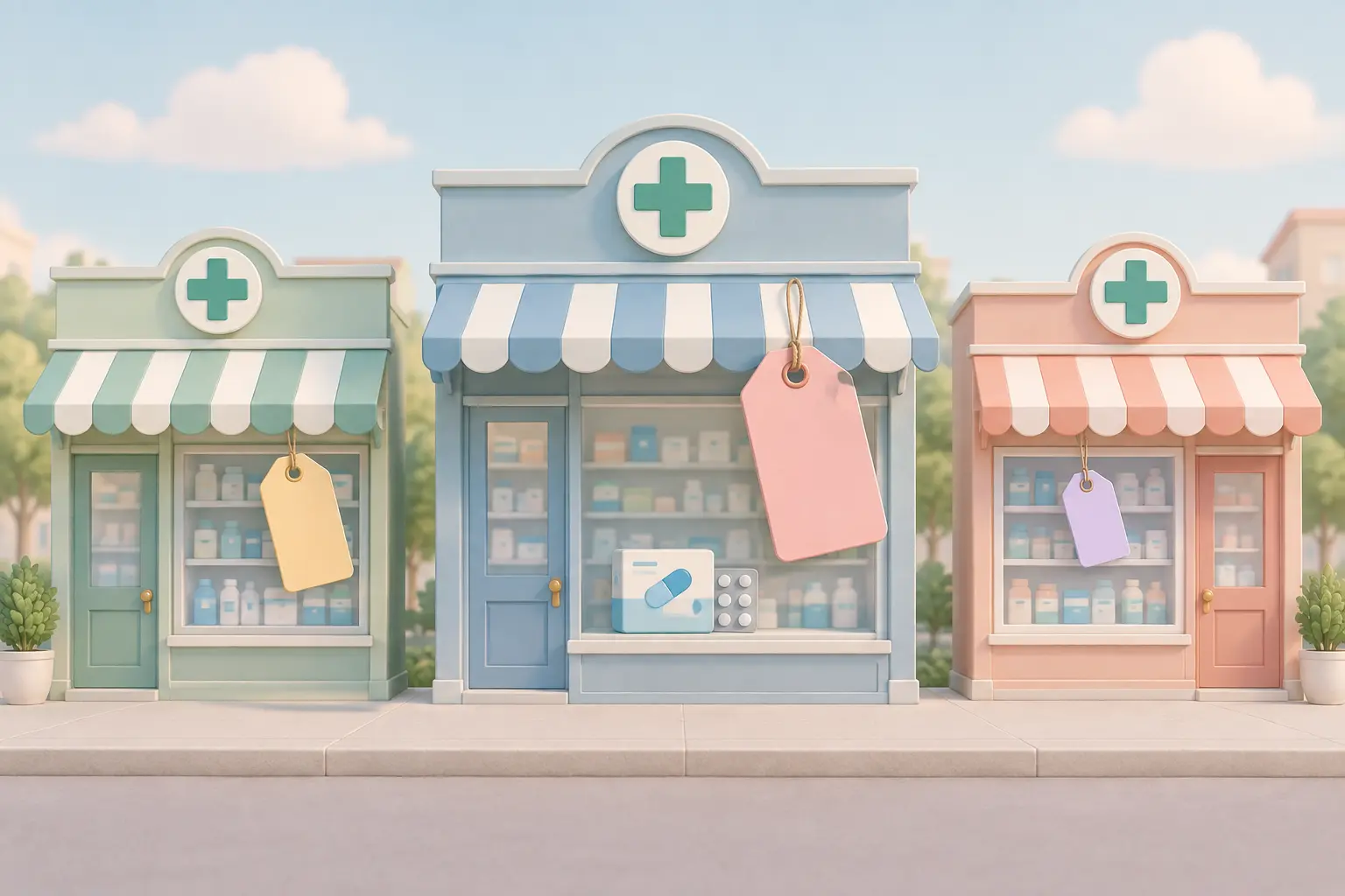 Three pharmacy storefronts with different sized price tags representing price differences between pharmacies