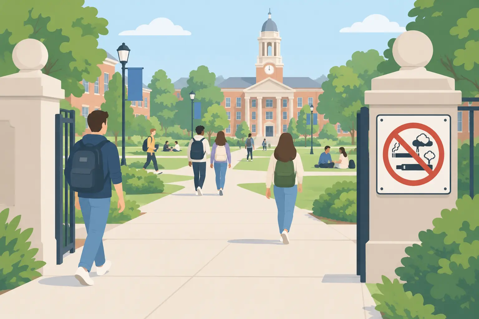 University campus quad with students and a smoke-free sign showing crossed-out cigarette and vape icons