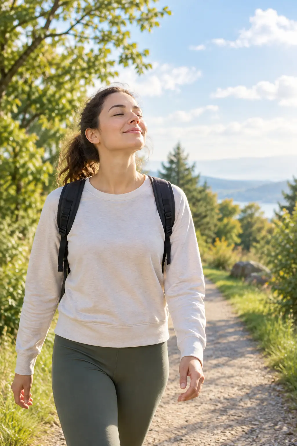 Illustration of a person walking outdoors and taking a deep, easy breath