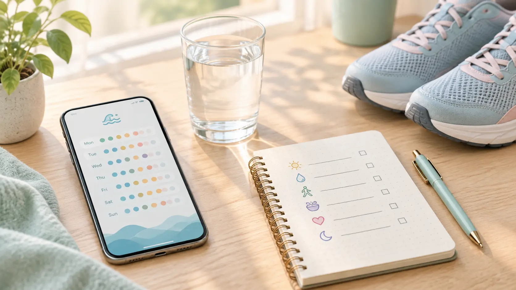 Illustration of a phone with a craving log beside a notebook plan, water glass and walking shoes