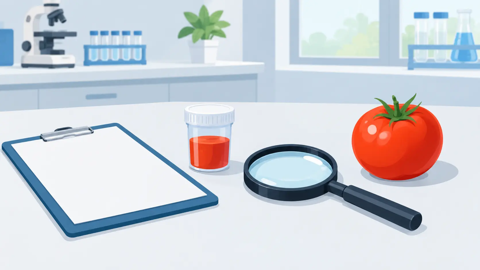Illustration of a clipboard, a sample cup and a magnifying glass representing a nicotine or cotinine test
