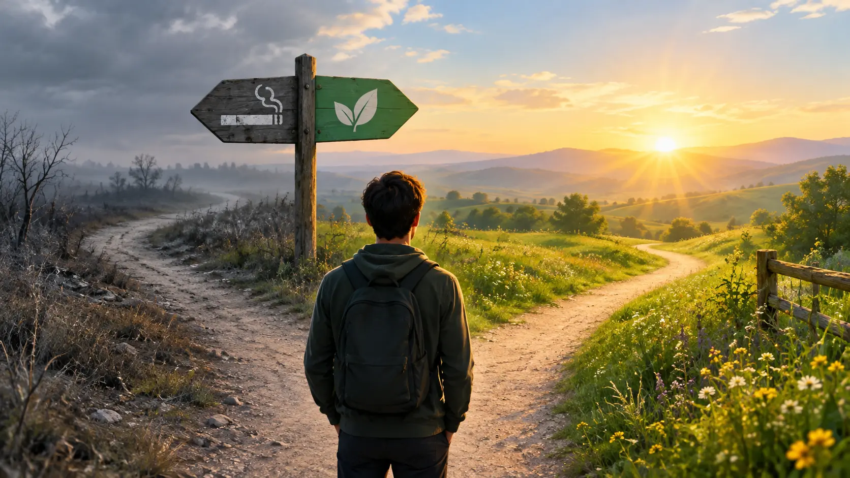 Illustration of a person choosing a green path toward sunrise instead of switching to another cigarette