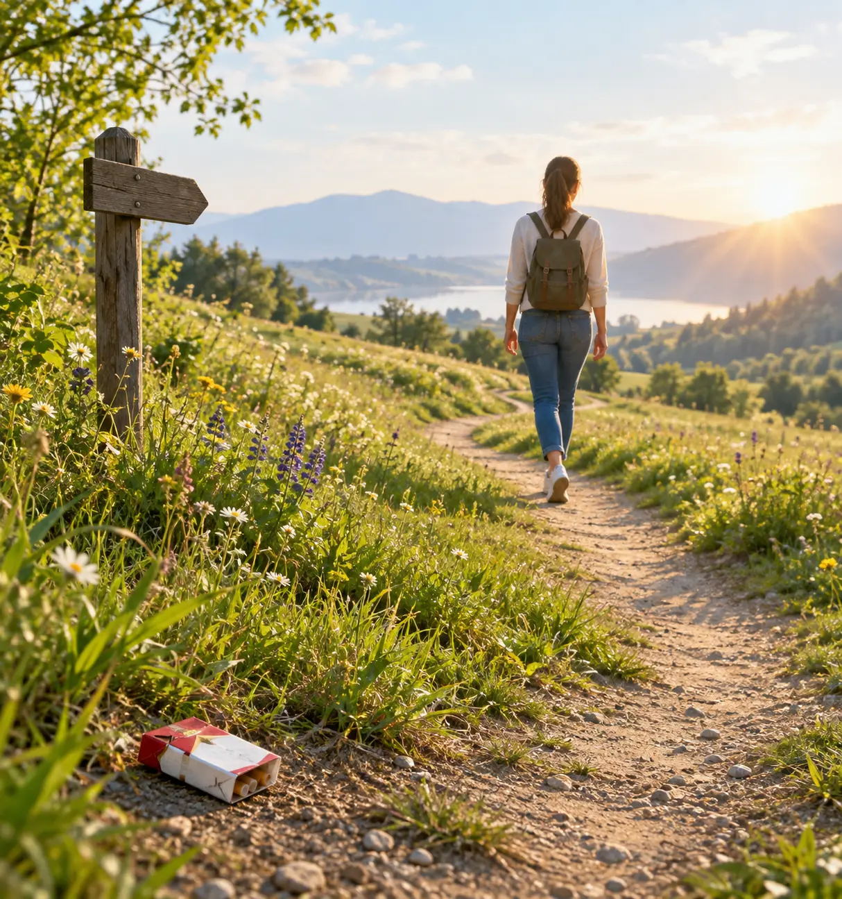 Illustration of a woman walking along a sunny path leaving a cigarette pack behind, representing quitting smoking at any stage