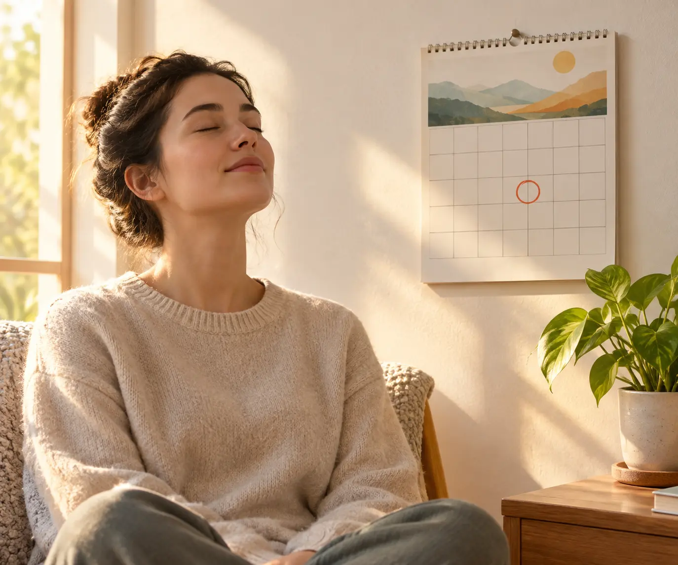 Illustration of a person taking a calm breath beside a calendar to represent a quit attempt