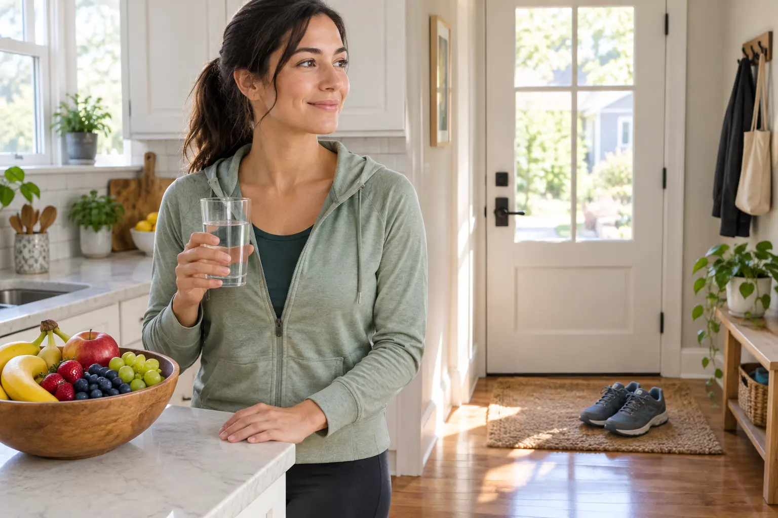 Person with a bowl of fruit, a glass of water and walking shoes planning to manage appetite after quitting smoking