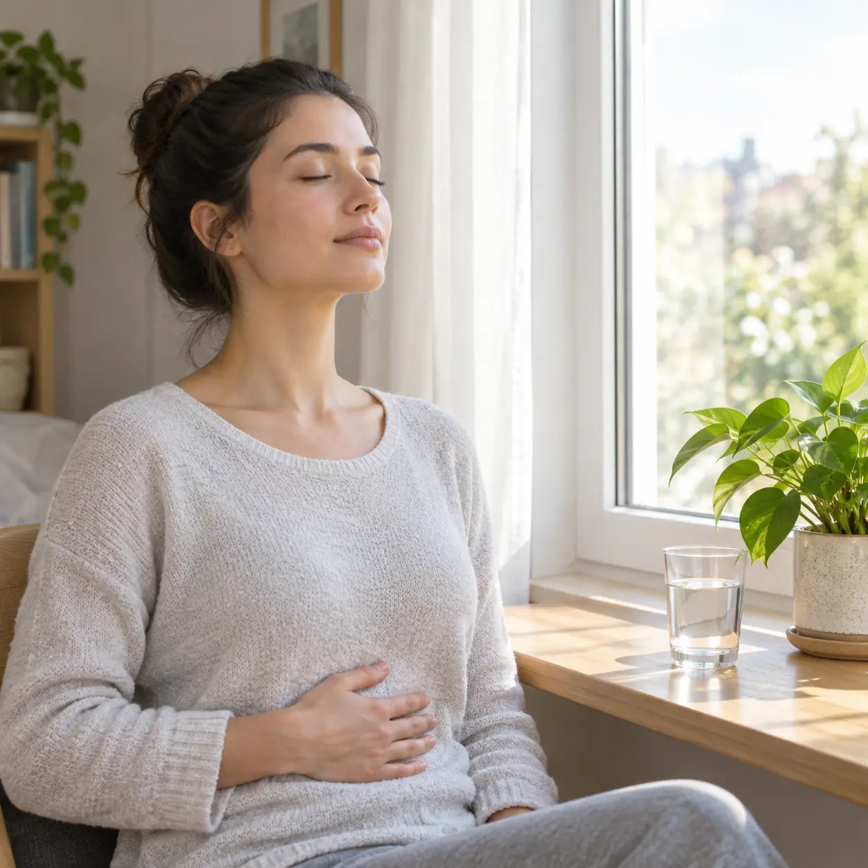 Illustration of a person practicing relaxed breathing by a sunny window with a glass of water and a plant