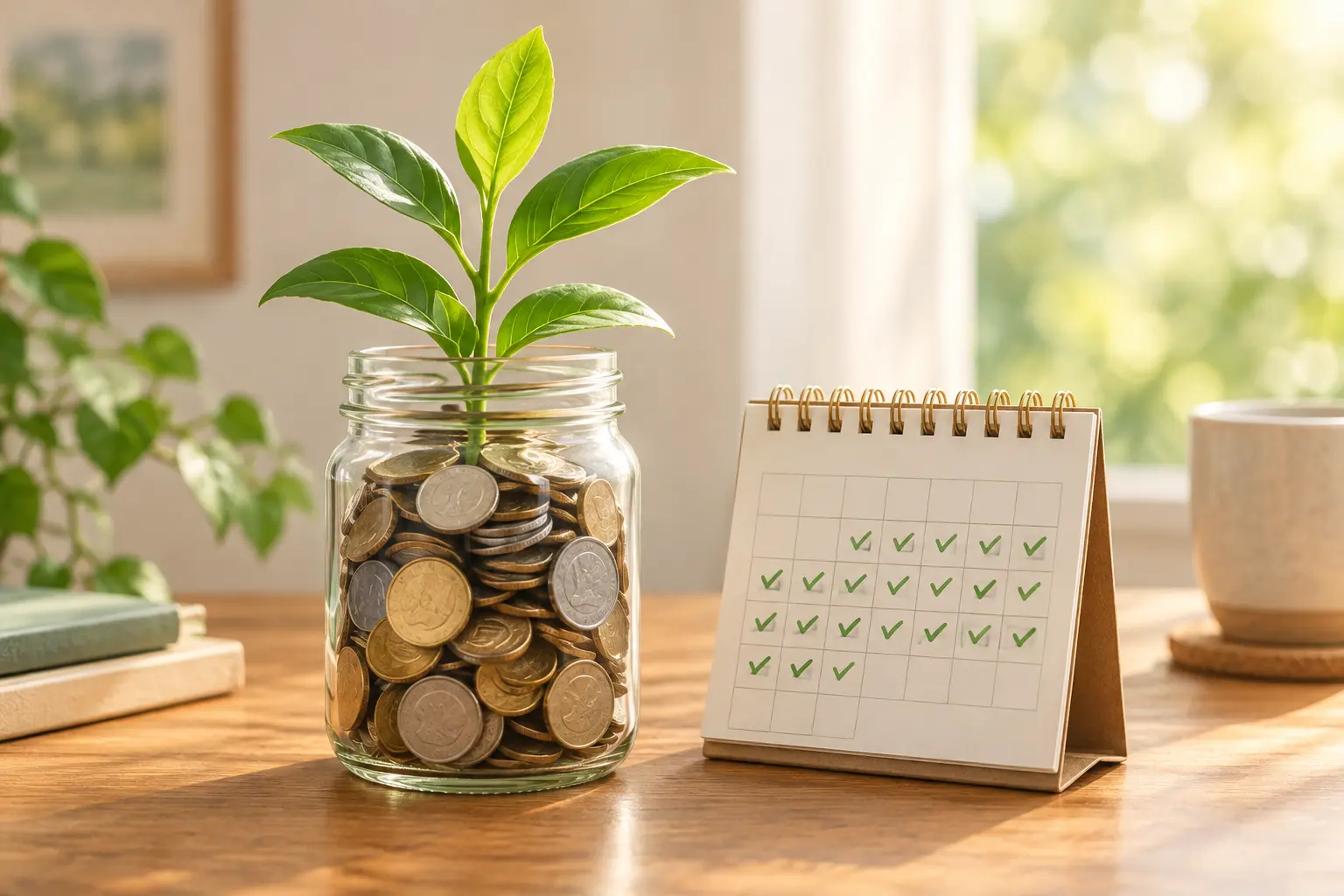Illustration of a jar filling with coins beside a calendar to show money saved after quitting smoking