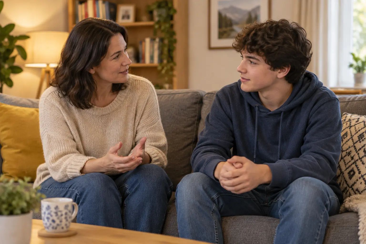 Illustration of a parent and teenager talking calmly on a sofa