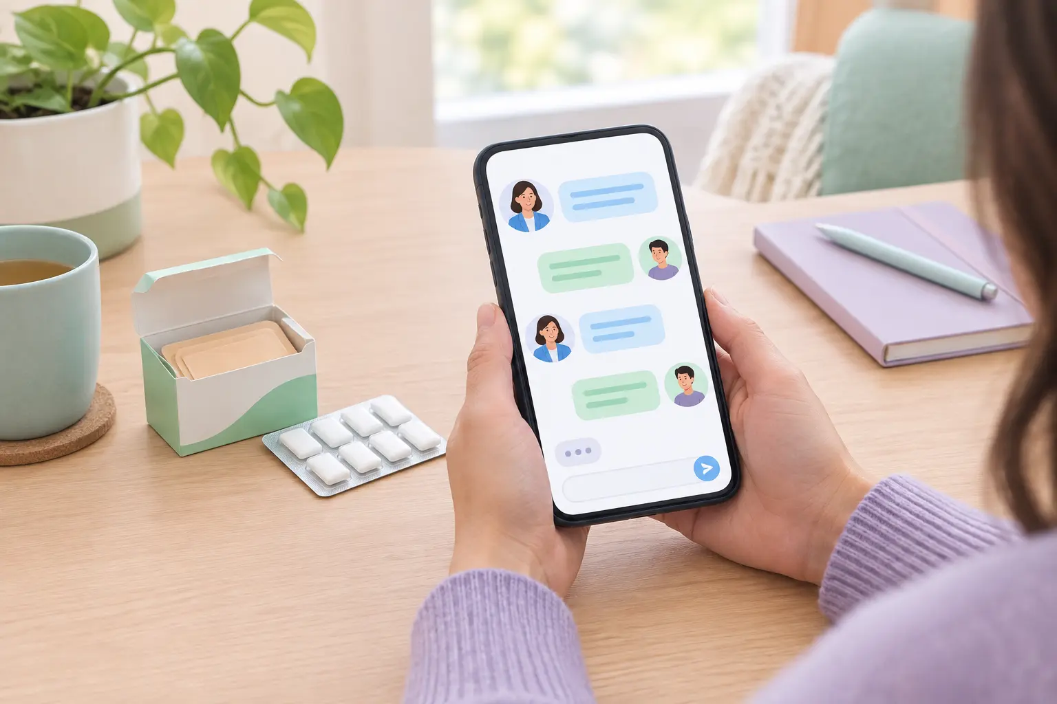 Illustration of a person texting a quit coach with nicotine patches and gum on the table