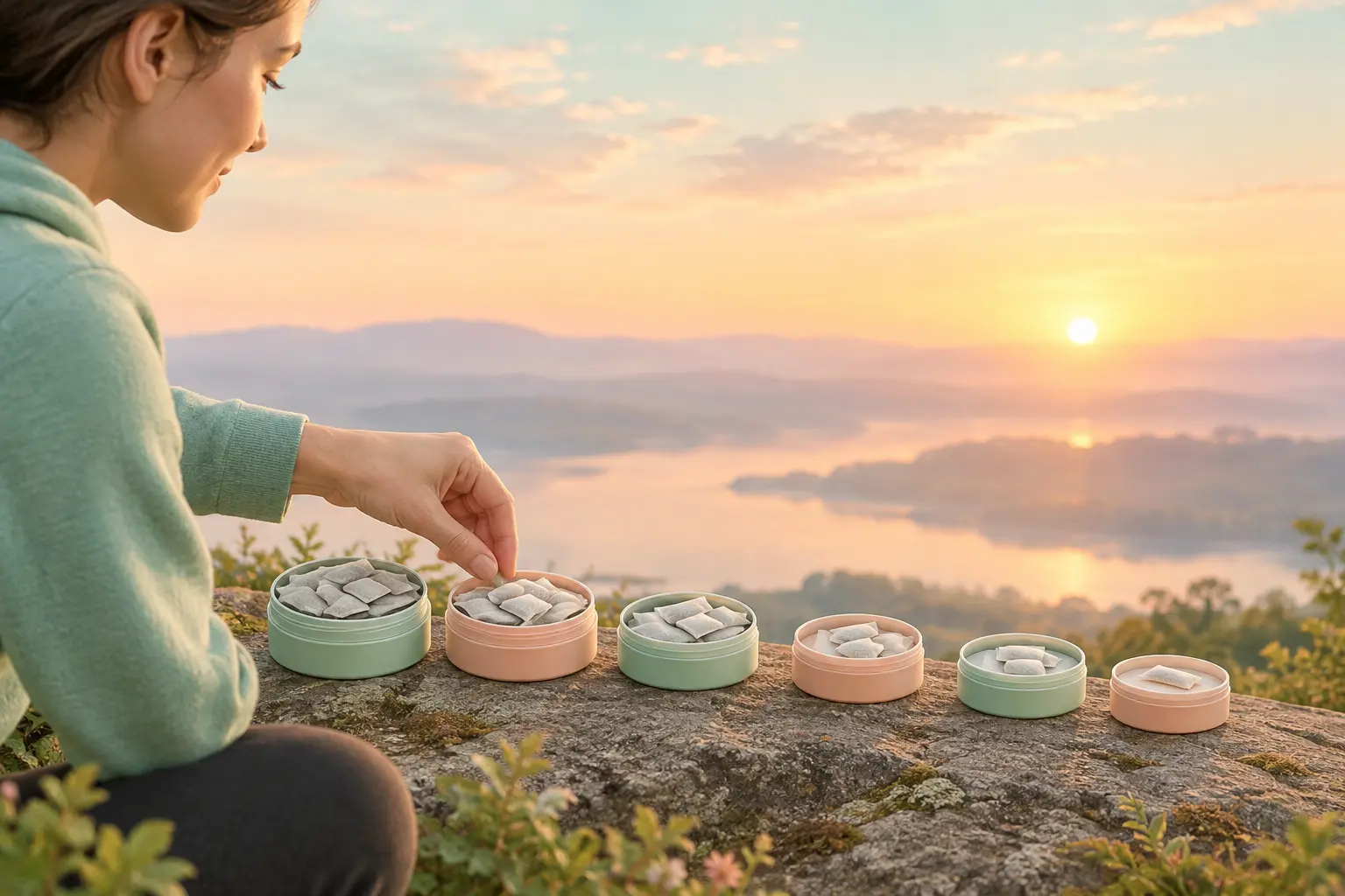 Illustration of a person stepping down from several nicotine pouch tins to one toward a calm sunrise