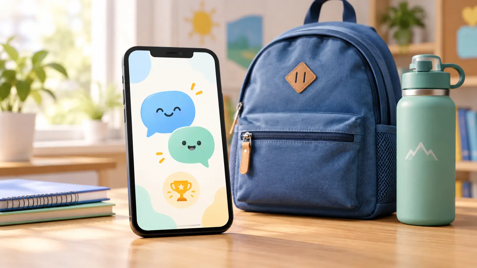 Illustration of a phone with message bubbles and a badge next to a school backpack