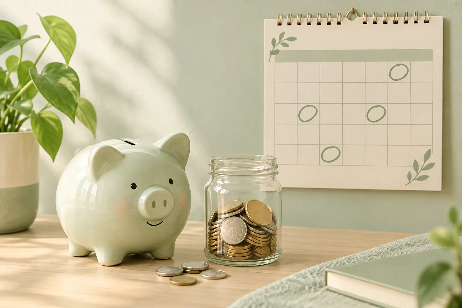 Piggy bank and coin jar beside a calendar, showing yearly cigarette tax money kept after quitting
