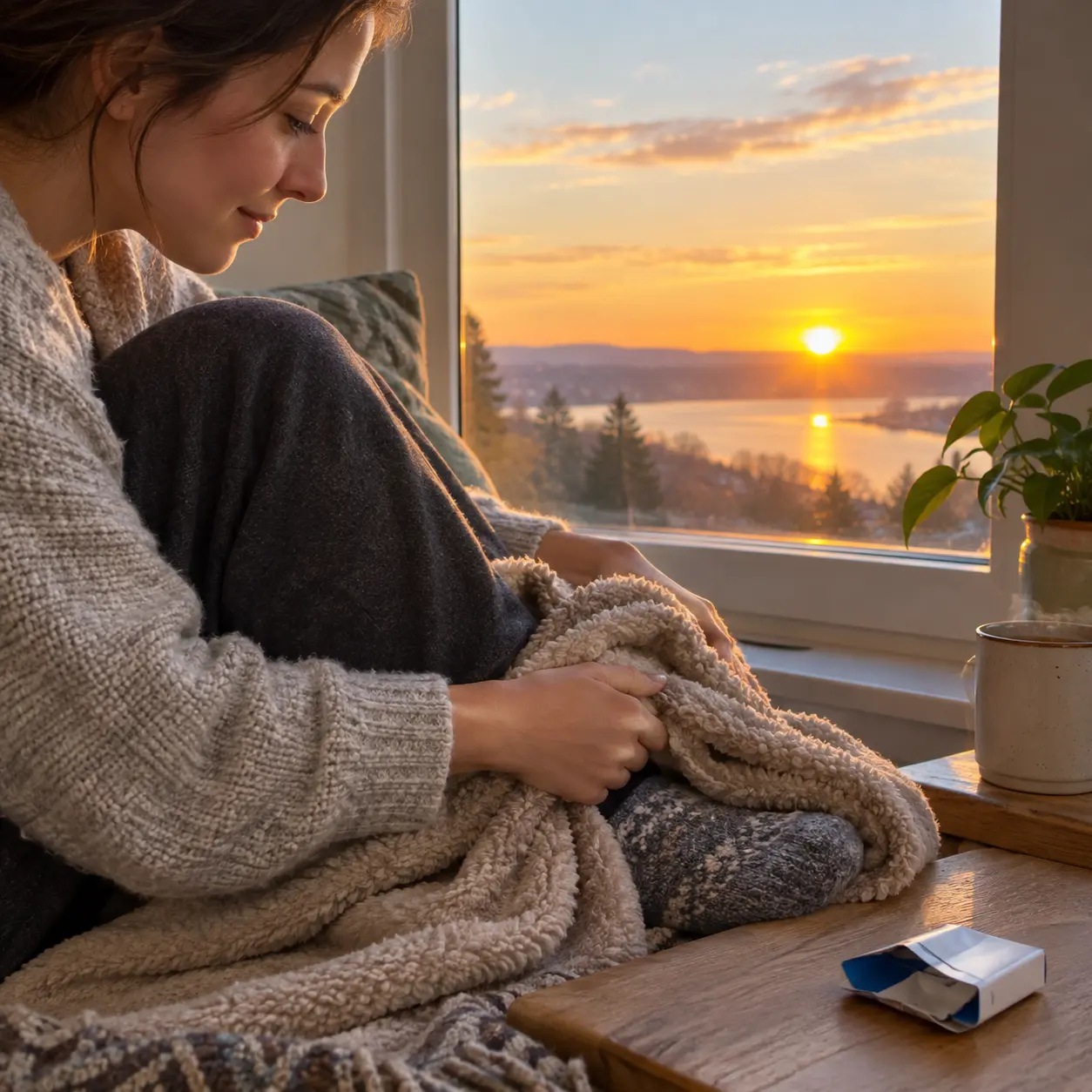 Illustration of a person keeping their feet warm by a sunrise window with a cigarette pack set aside, representing recovery after quitting tobacco
