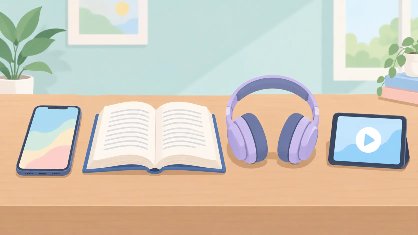Illustration of a phone, a book and a pair of headphones arranged together as quit smoking support tools