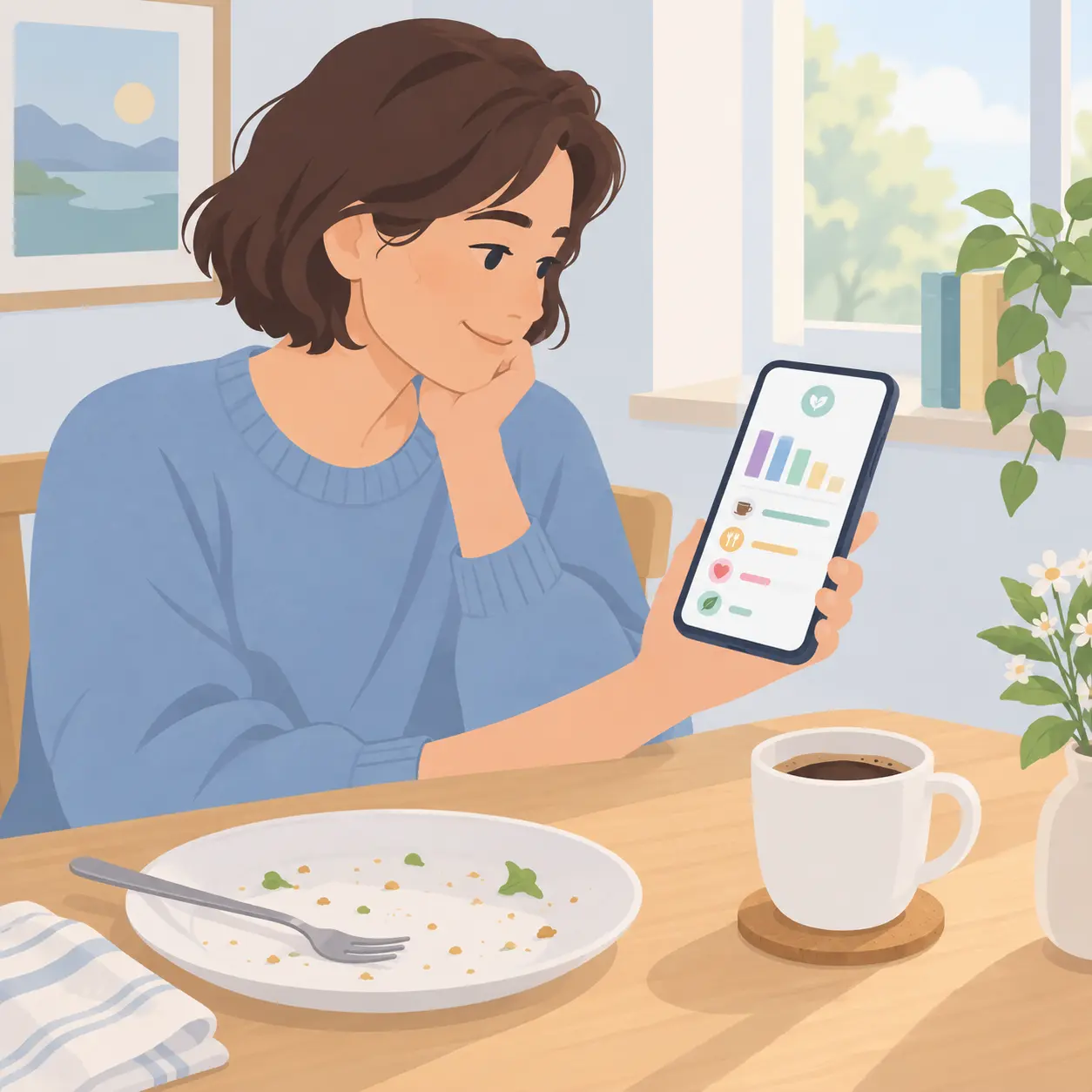 Illustration of a person checking a craving log on a phone beside a cup of coffee after a meal