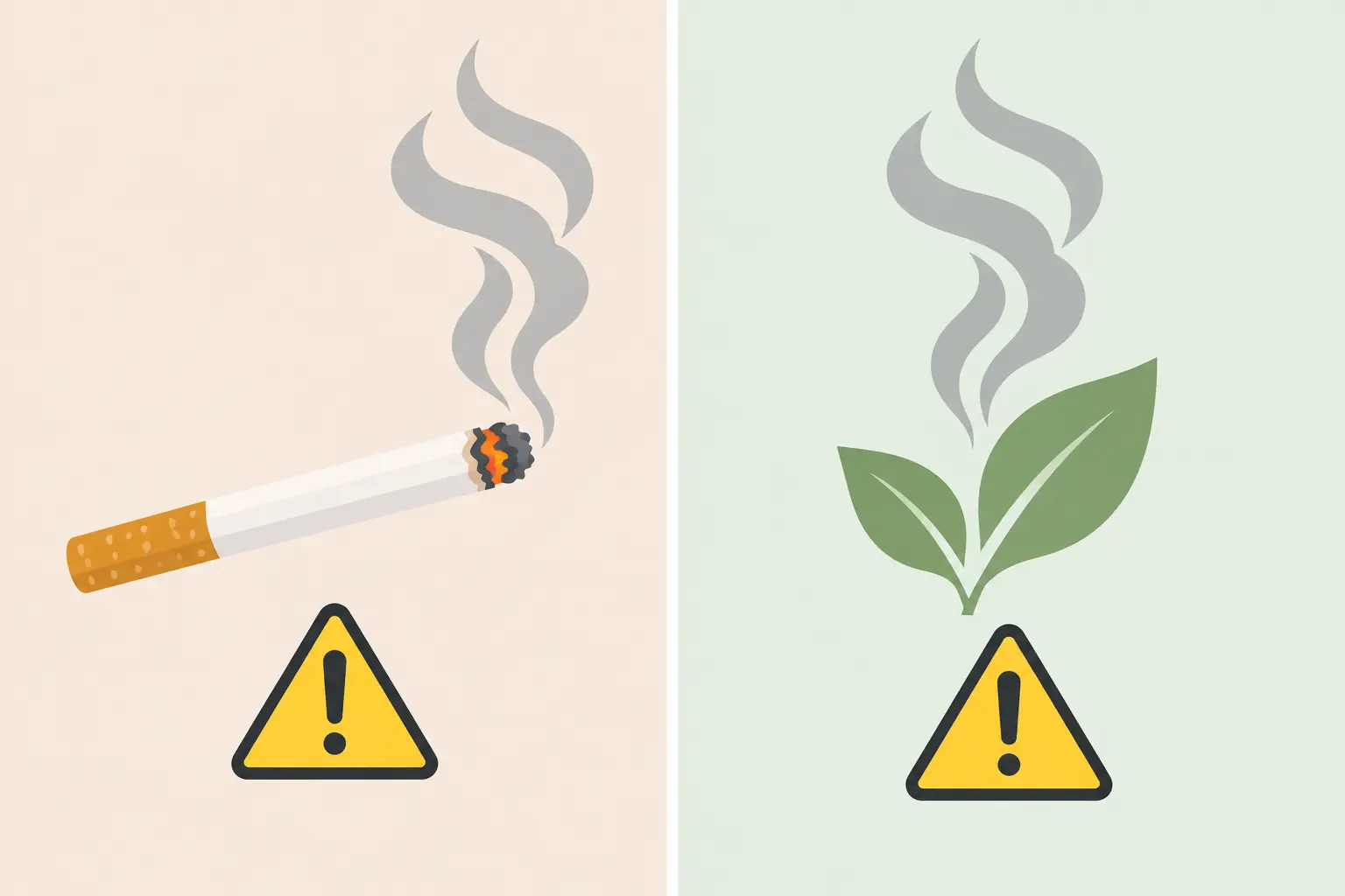 Two cigarettes side by side producing the same smoke, one with a leaf motif, with identical warning triangles