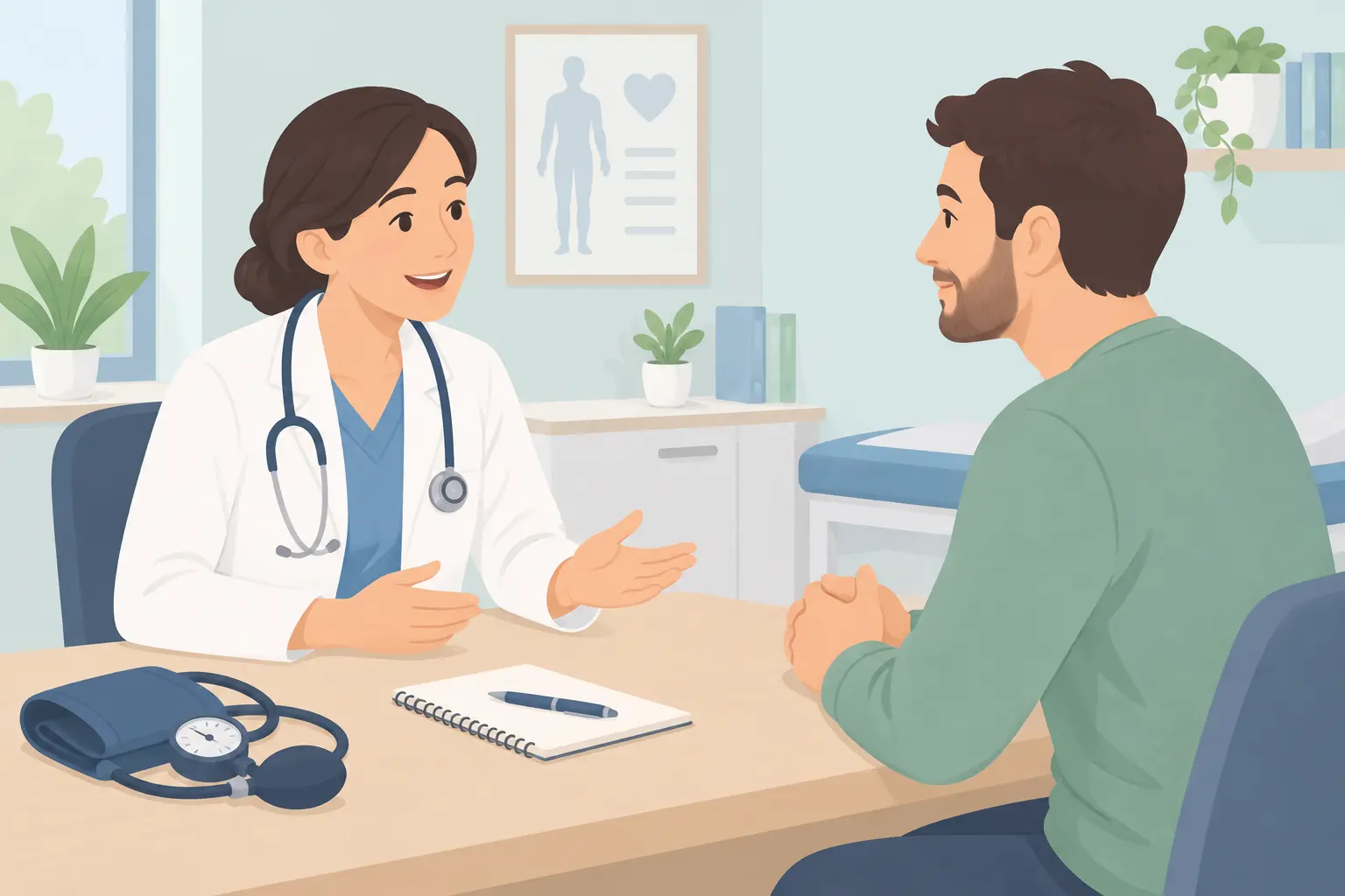 Illustration of a doctor and a patient in their thirties talking with a blood pressure cuff on the desk