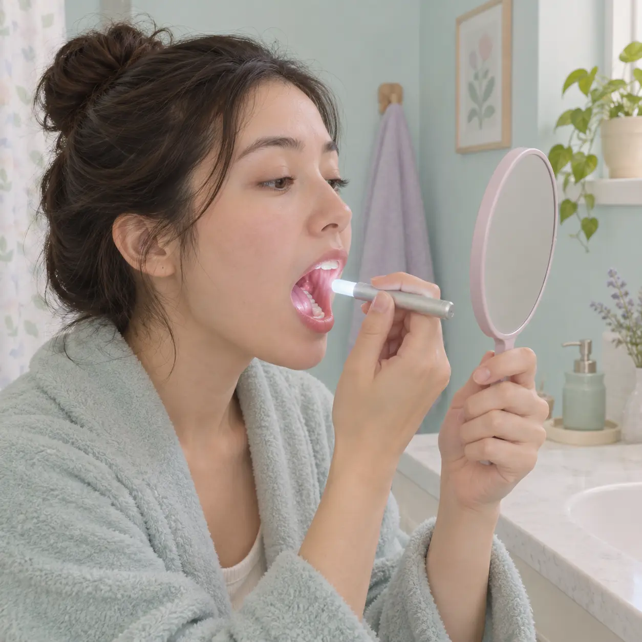 Illustration of a person holding a mirror and small light to check inside their mouth for white patches