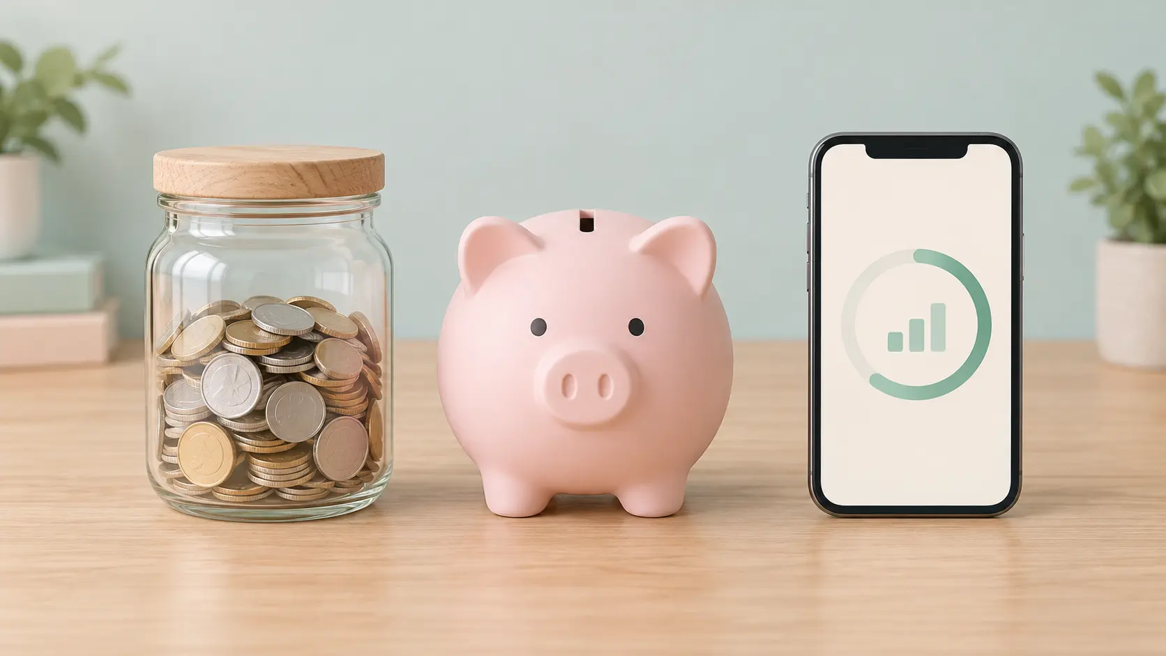 Illustration comparing a coin jar, a savings box and a phone with a progress bar
