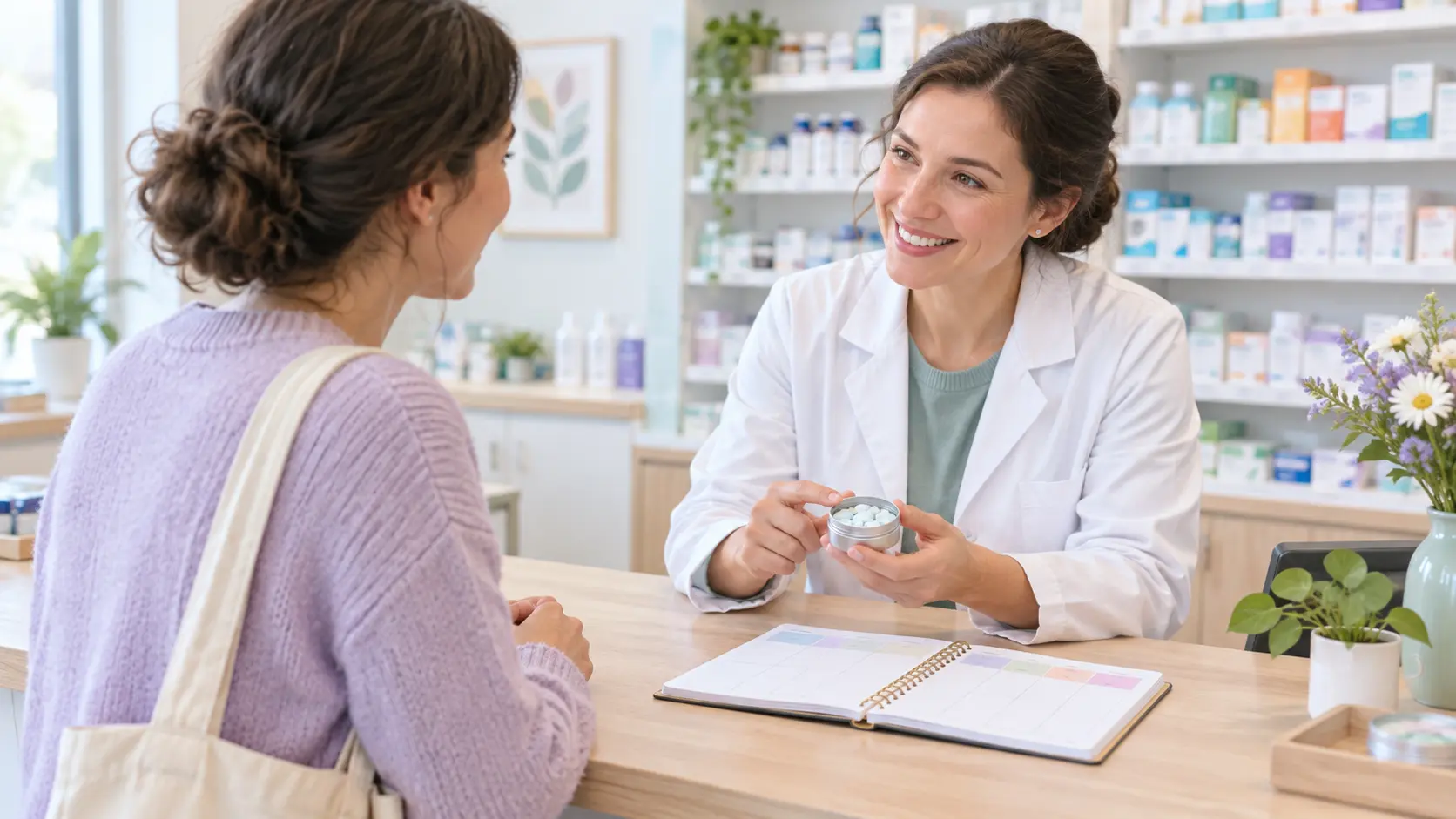 Illustration of a person talking with a pharmacist about finishing a nicotine lozenge course