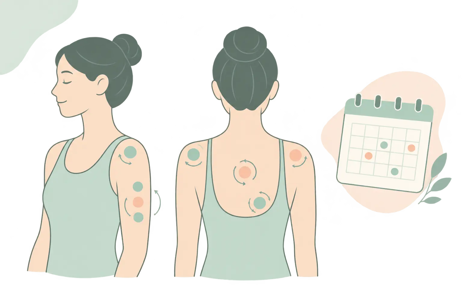 Upper-body outline with circles on the arm and shoulder marking different skin spots for rotating a nicotine patch each day