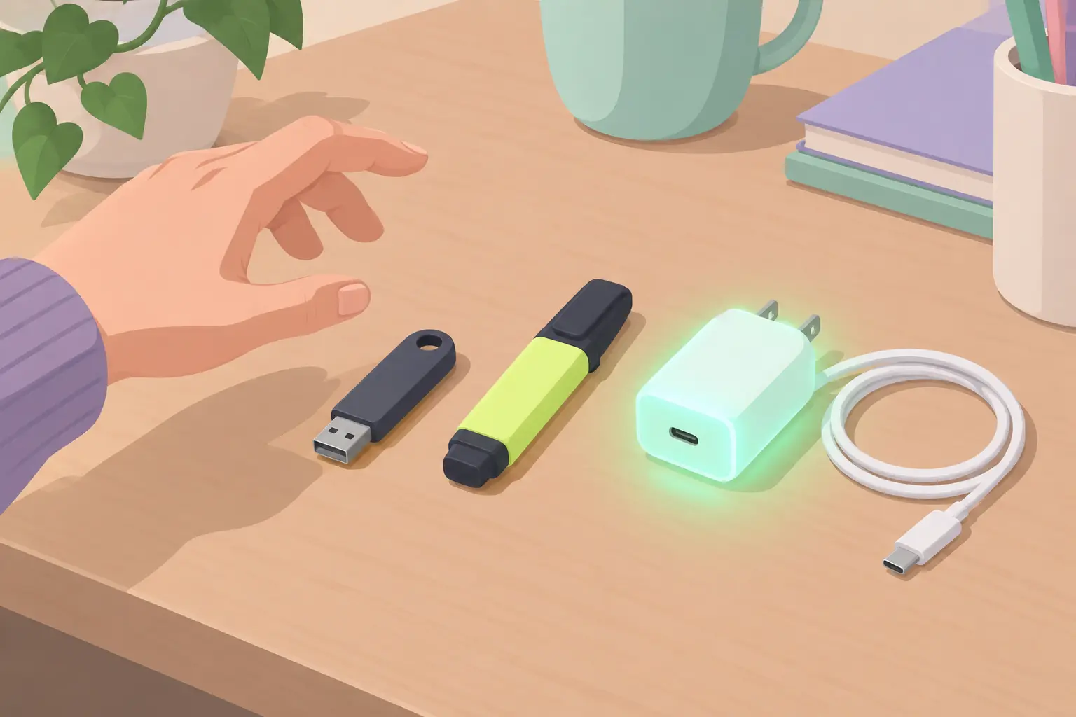 USB drive, highlighter and charger on a desk, everyday objects a vape device can resemble