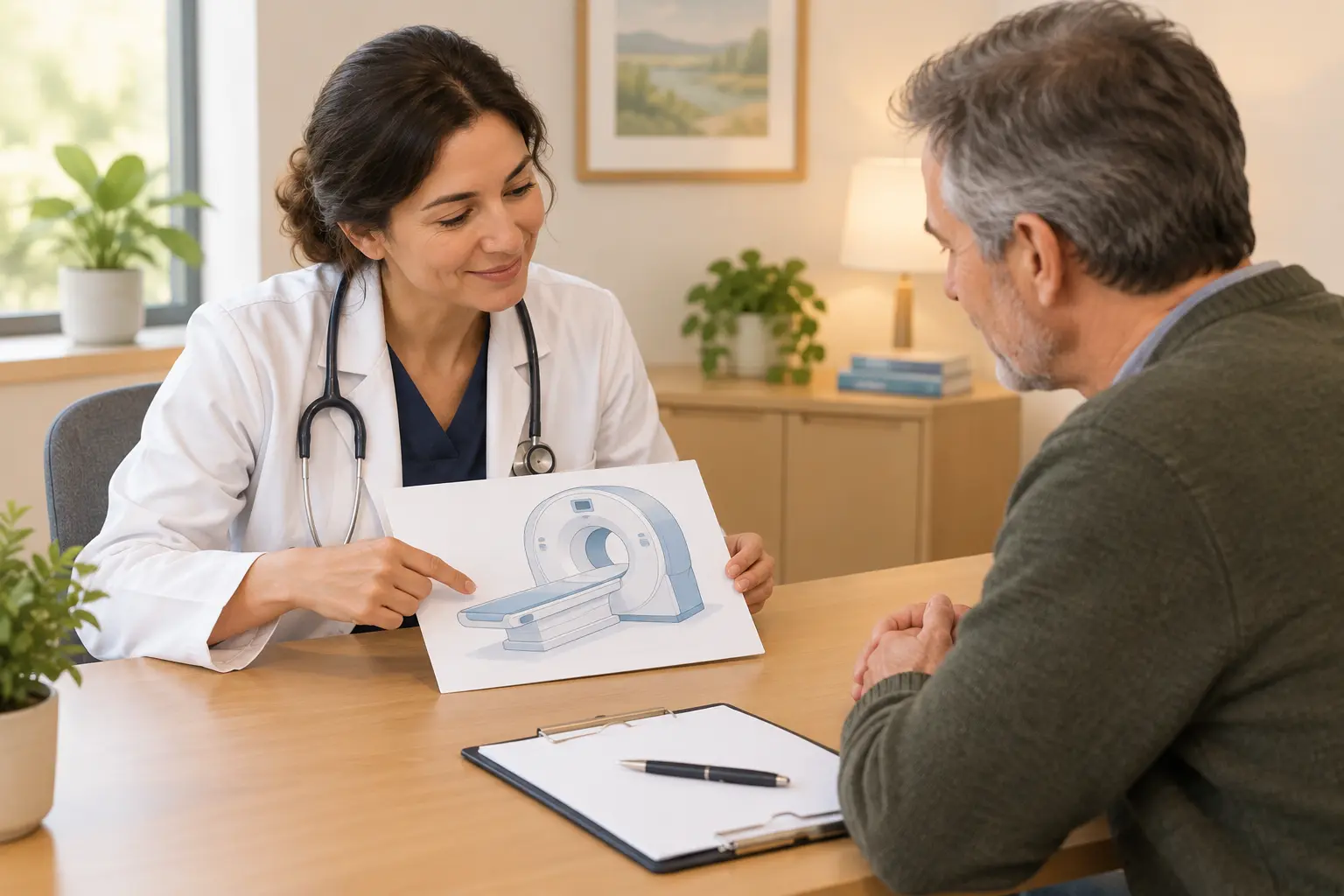 Illustration of a doctor and patient discussing lung cancer screening beside a CT scanner