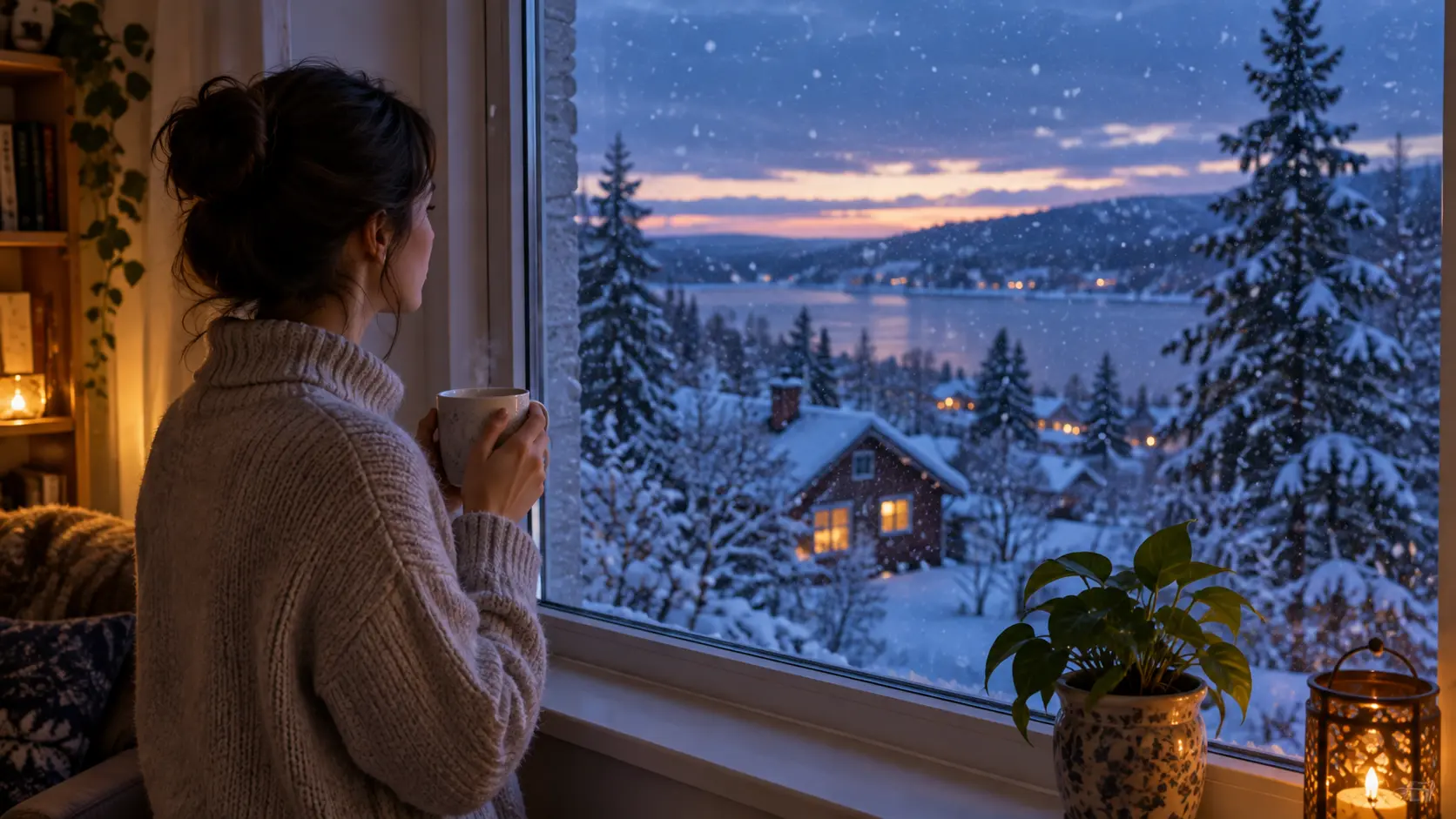 Person with a warm drink looking out a window on a quiet winter evening, taking a break from a busy holiday