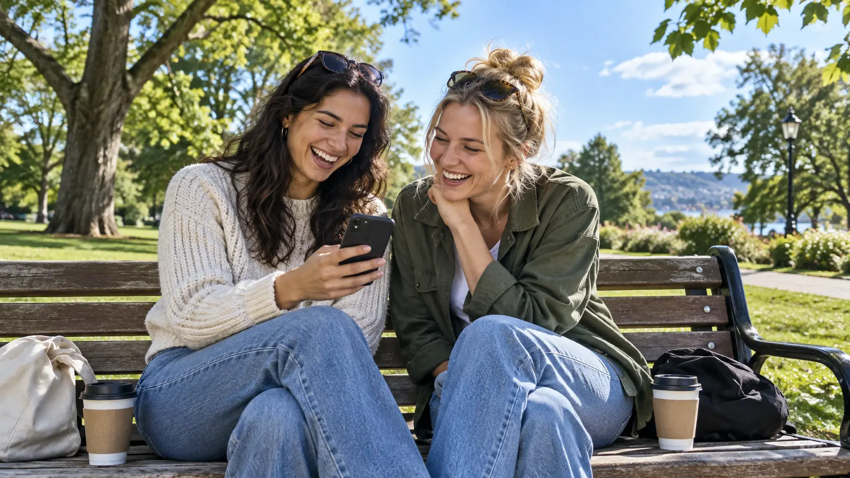 Two friends sharing a laugh over a phone on a park bench while quitting smoking together