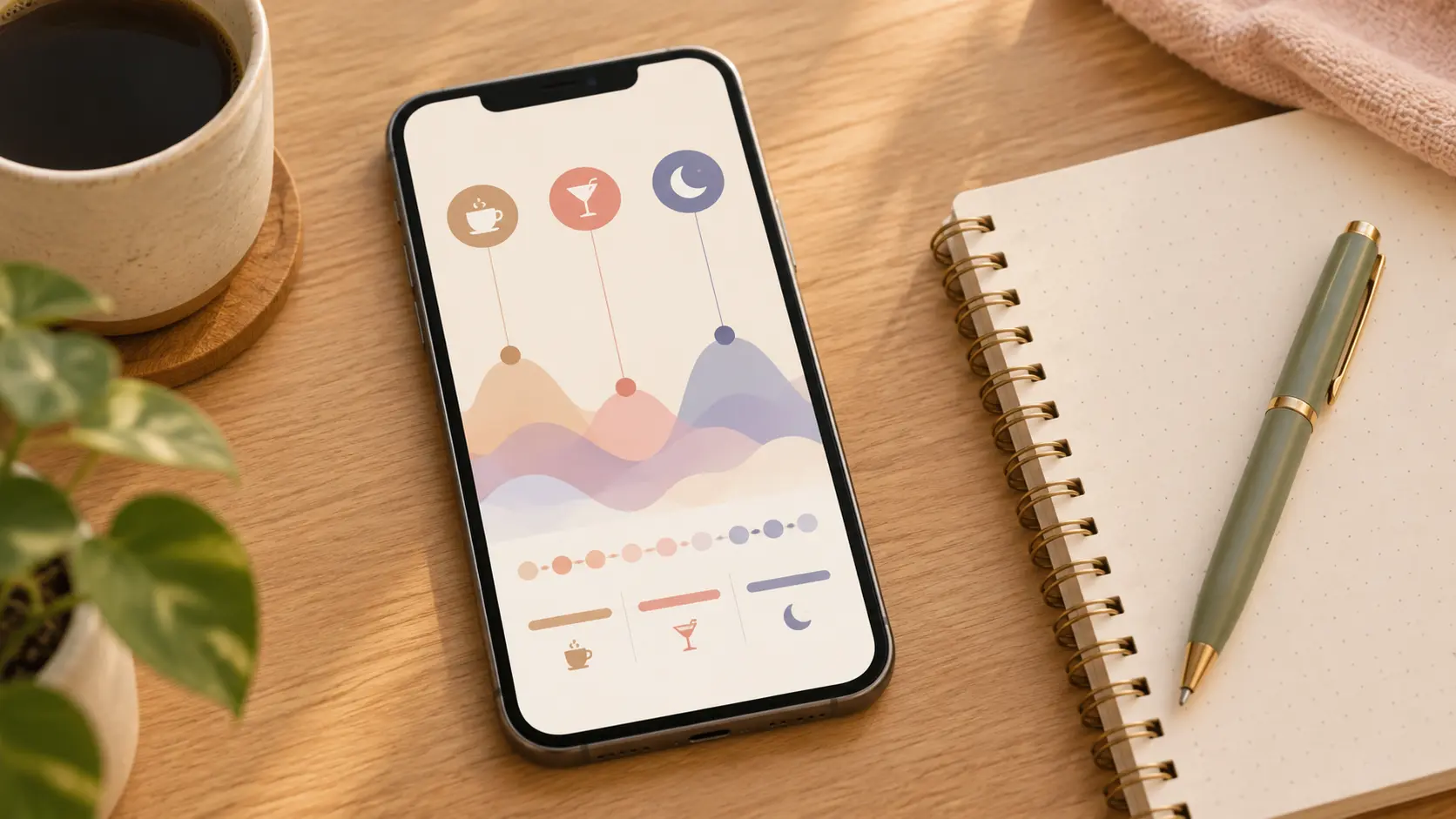 Illustration of a phone with a craving log and trigger icons beside a notebook
