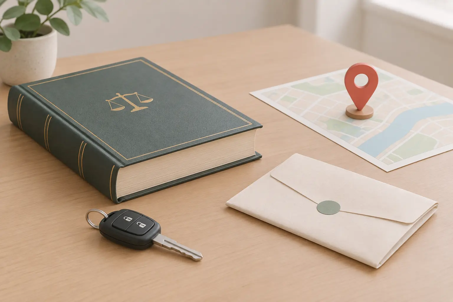 Law book, car key and notice envelope on a desk representing car smoking laws