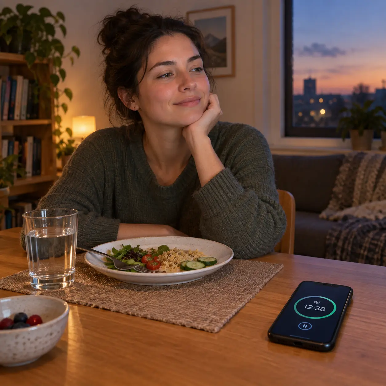 Illustration of a person at a table after a small meal with water and a phone showing a craving timer