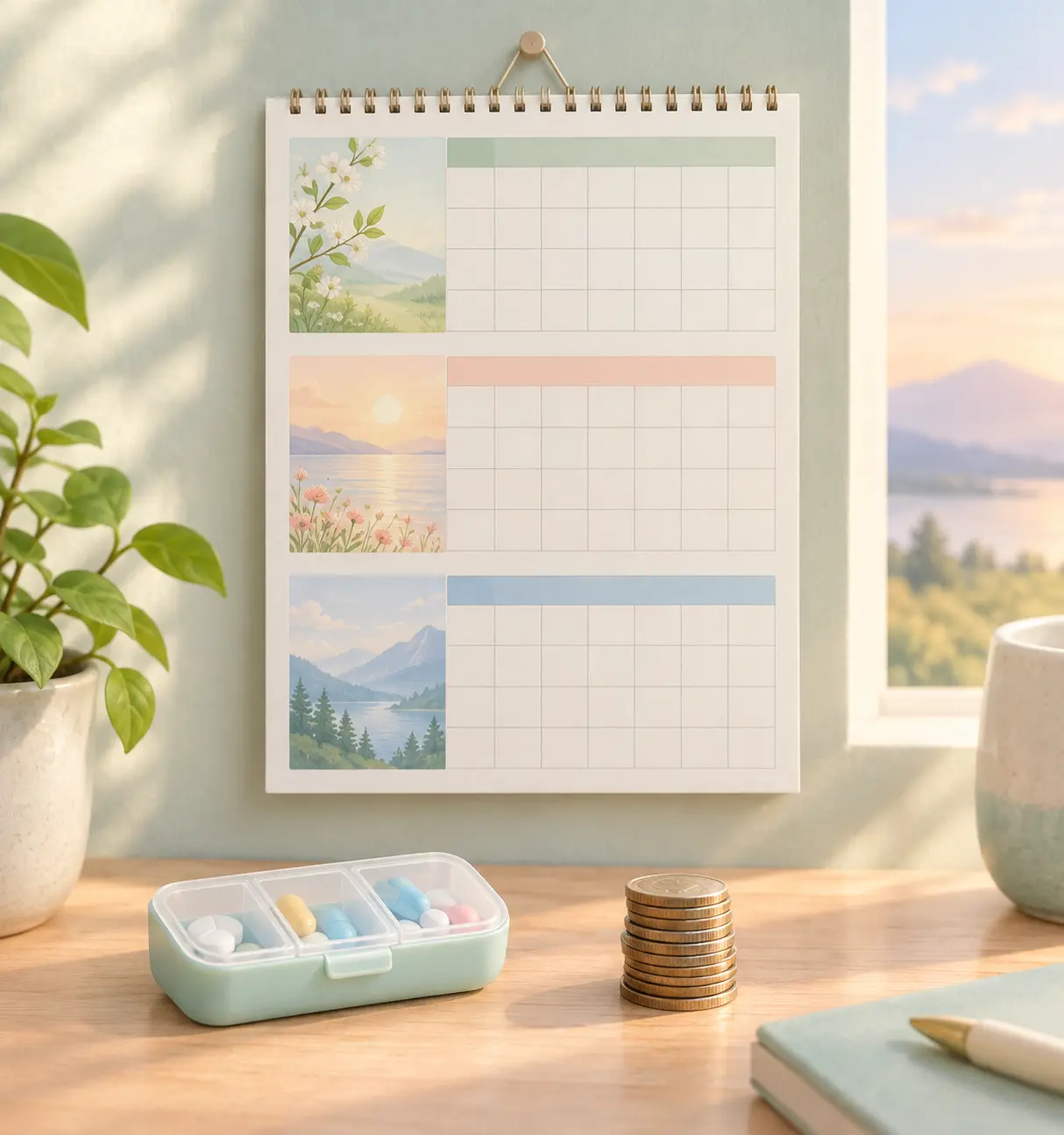 Illustration of a calendar spanning three months beside a pill box and a stack of coins for a 12-week course cost