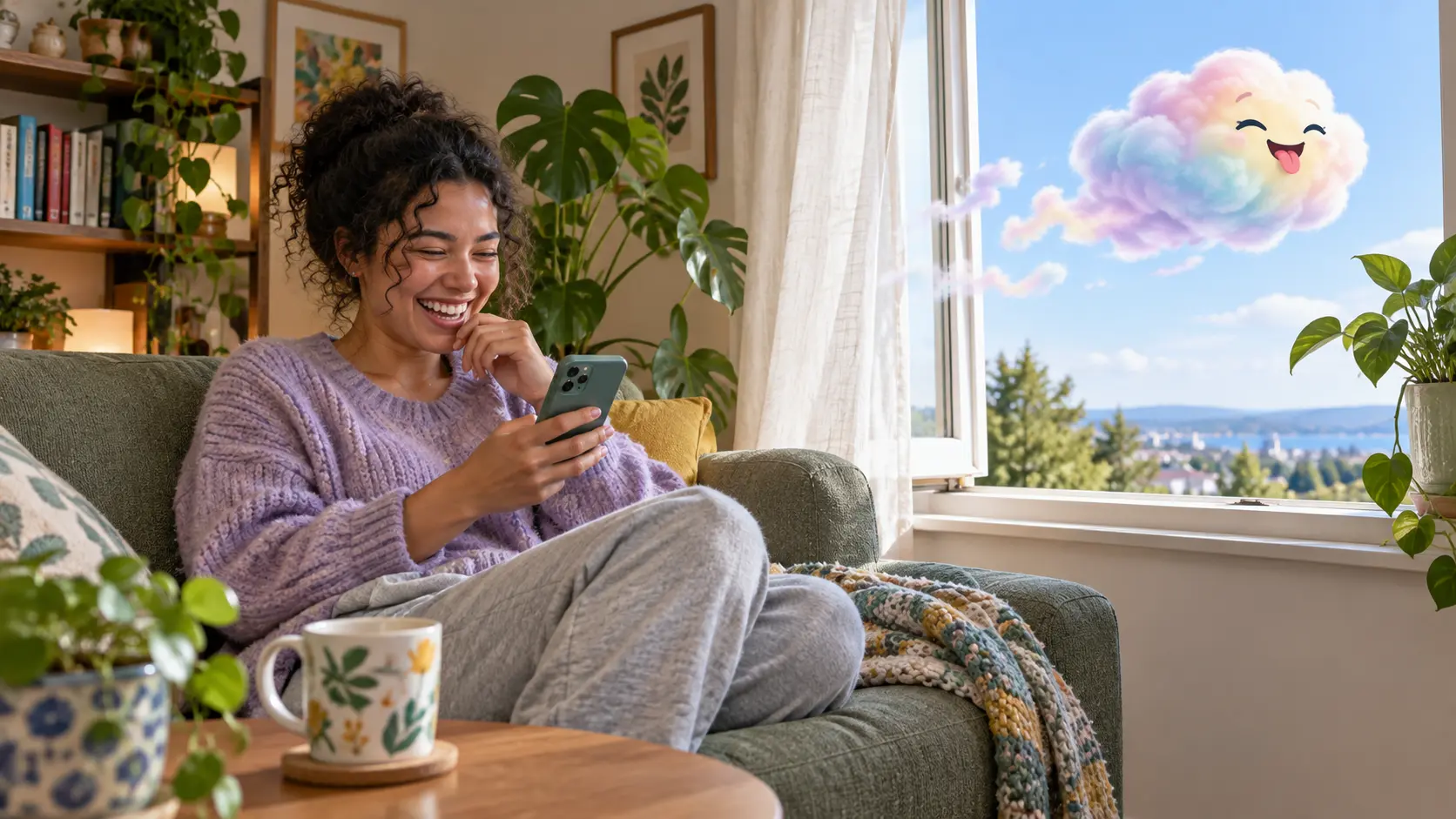 Illustration of a person laughing at a phone while a craving cloud floats away