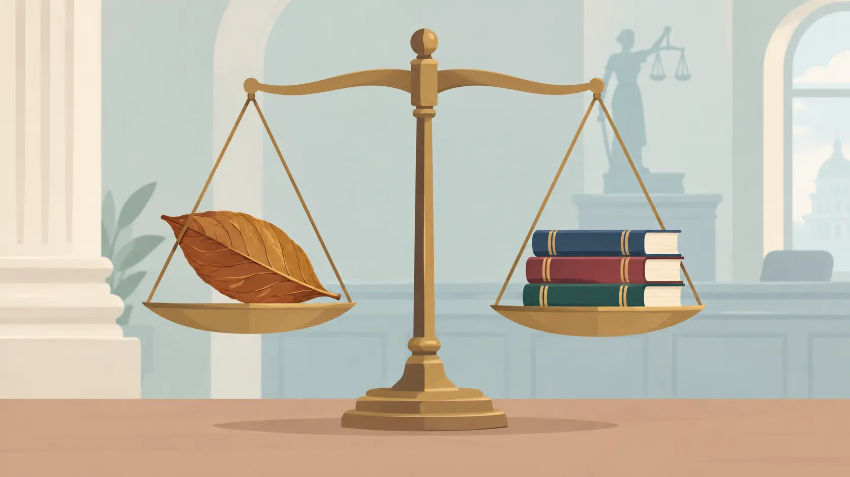 Illustration of a balance scale with a tobacco leaf and law books representing how nicotine is classified legally