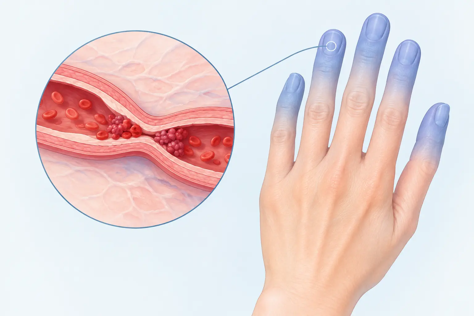 Illustration of narrowed small blood vessels in a hand with cold, pale fingertips, representing Buerger's disease symptoms