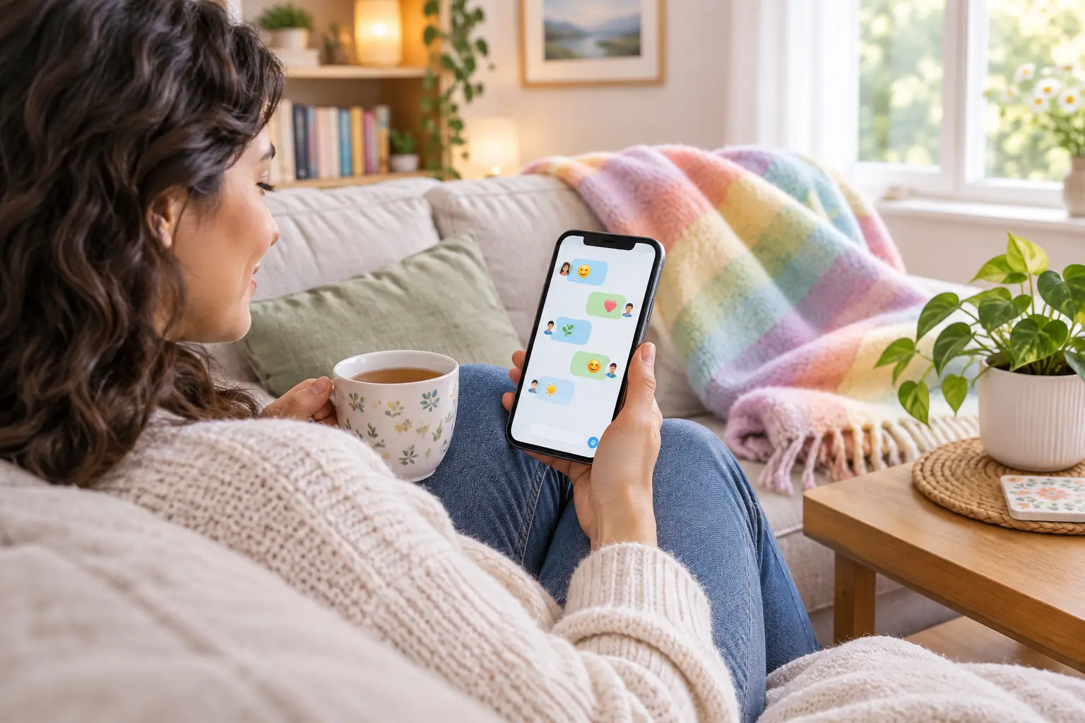 Illustration of a person on a sofa with a phone showing friendly chat bubbles and a mug of tea
