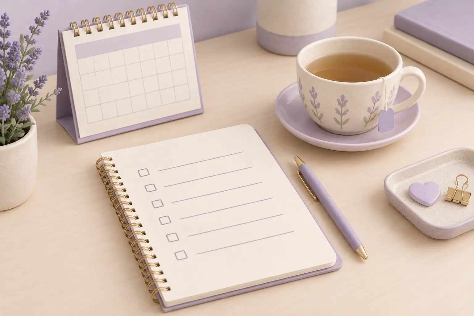 Desk with notebook checklist, calendar and tea cup representing questions to ask before paying for hypnotherapy