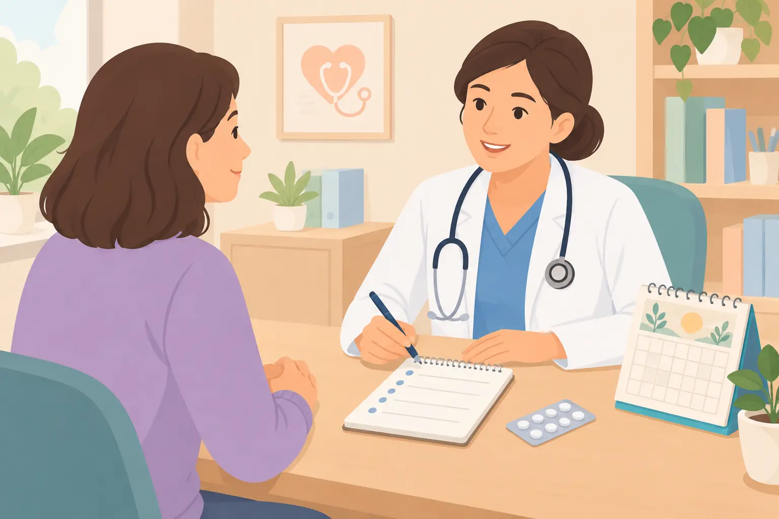 Patient and doctor discussing a stop smoking medicine at a desk with a notepad and calendar