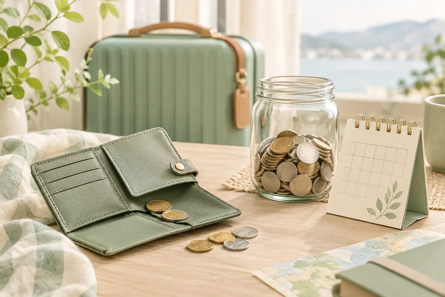 Wallet and coin jar beside a calendar and suitcase, showing yearly money kept after quitting smoking
