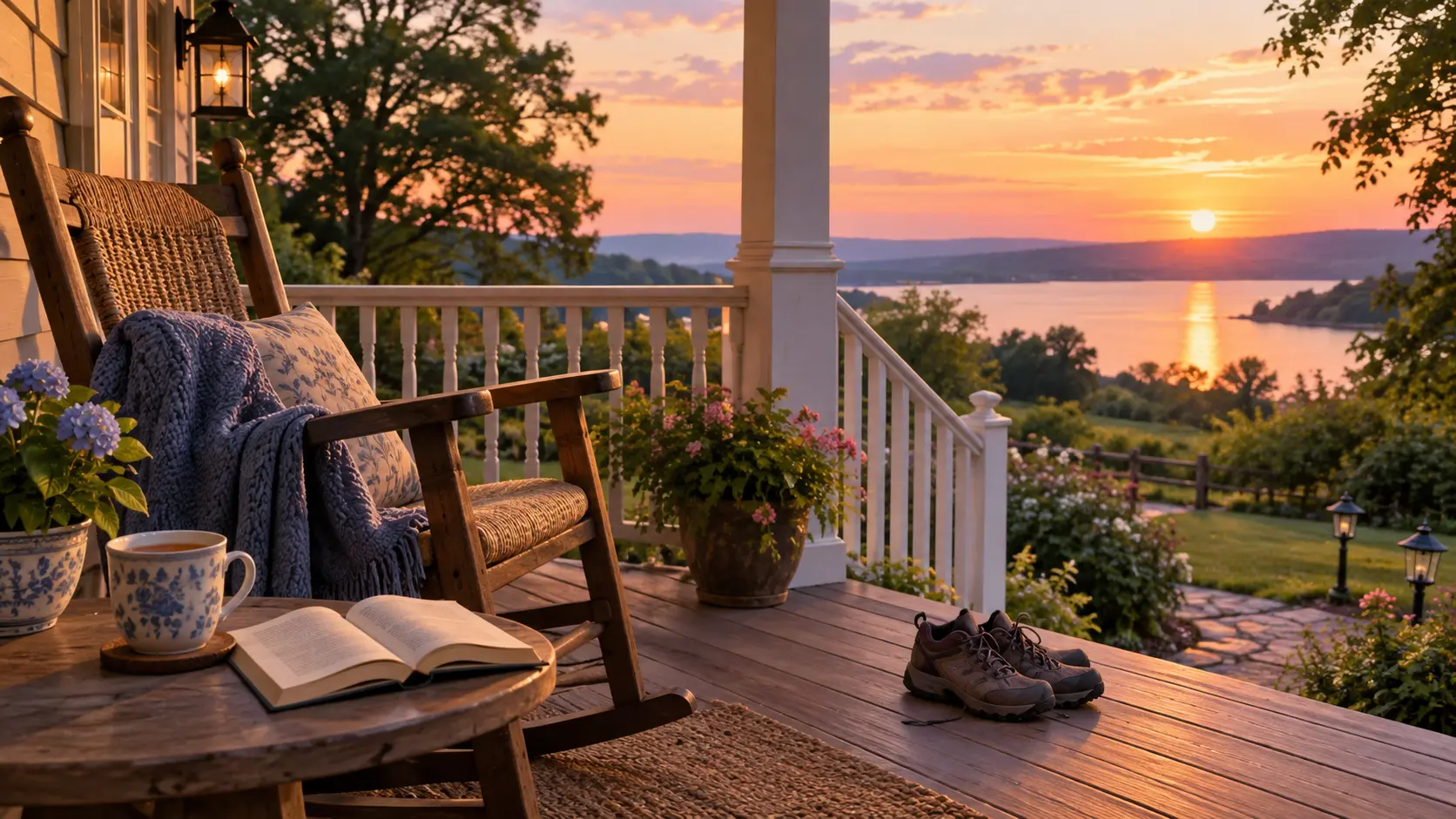 Illustration of a calm evening porch with tea, a book and walking shoes